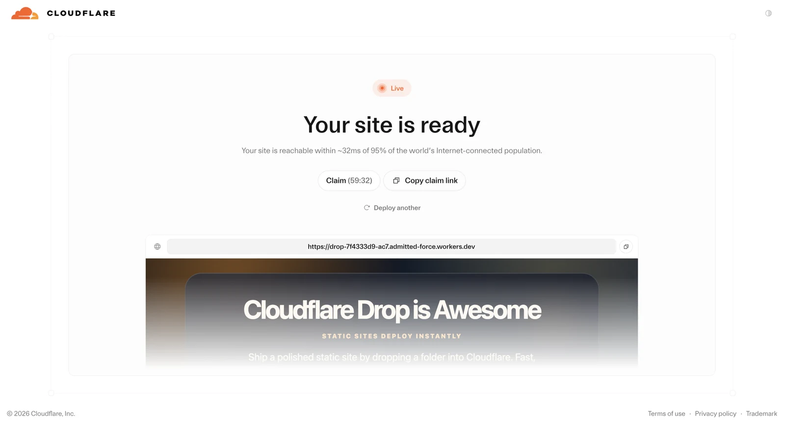 Màn hình Cloudflare Drop xem thử website và chọn Claim