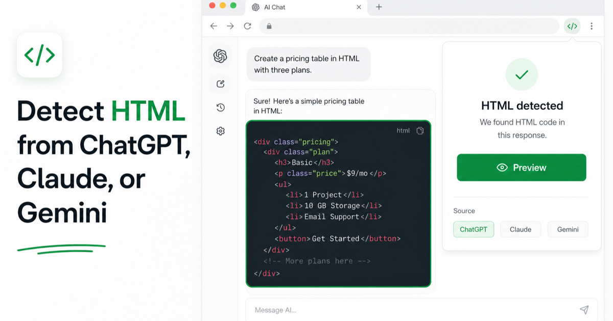 HTML Deployer detects HTML from ChatGPT Claude or Gemini and offers a preview button
