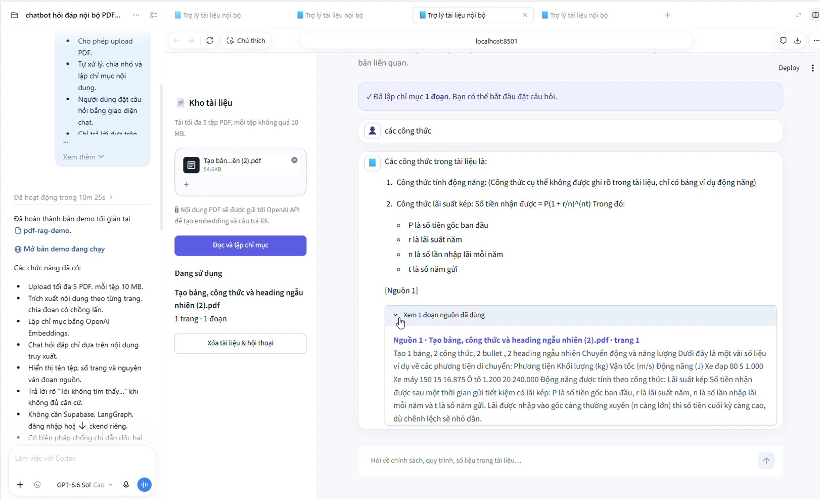 Chatbot hỏi đáp tài liệu chạy trên máy: tải file PDF lên, đặt câu hỏi, câu trả lời kèm phần xem đoạn nguồn đã dùng
