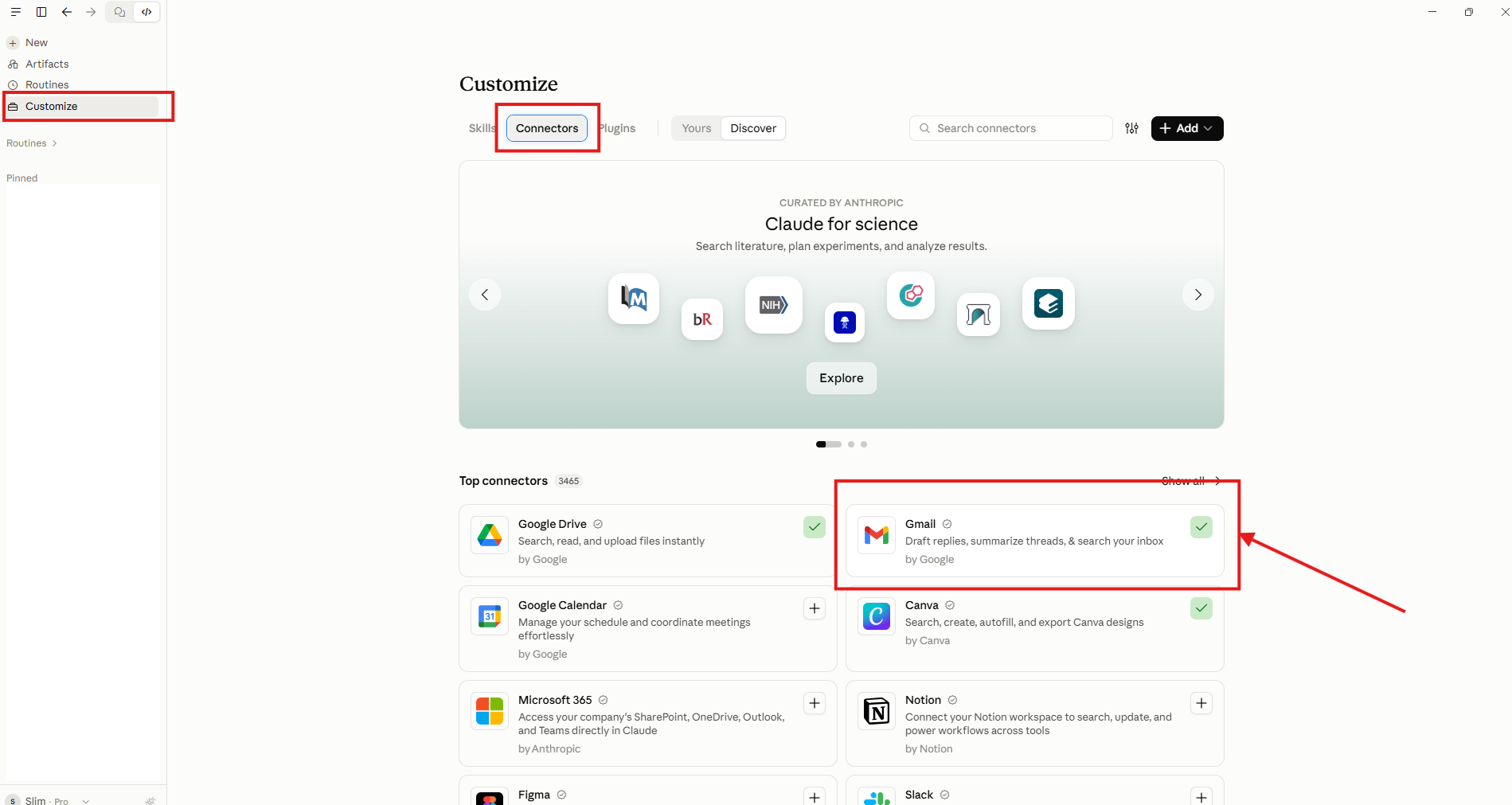Màn hình Customize, tab Connectors trong Claude: Gmail đã kết nối với dấu tick xanh, các công cụ khác có dấu cộng