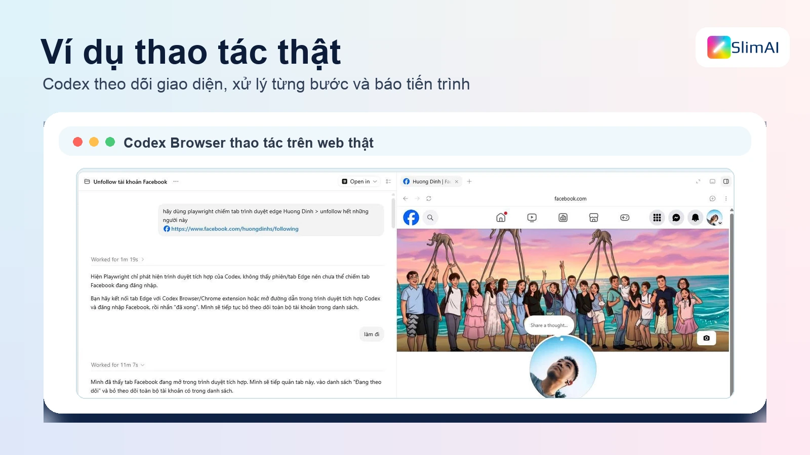 Screenshot minh họa Codex Browser thao tác thật trong khung đồng bộ phong cách SlimAI