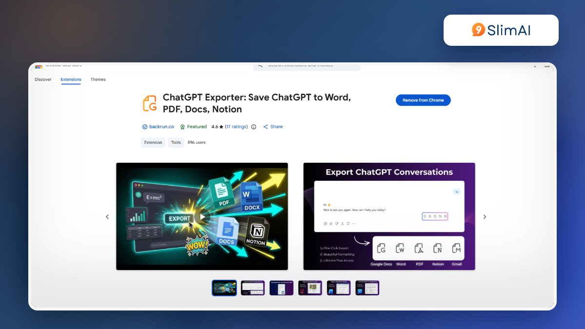 Screenshot Chrome Web Store cua Backrun ChatGPT Exporter ho tro xuat sang Word