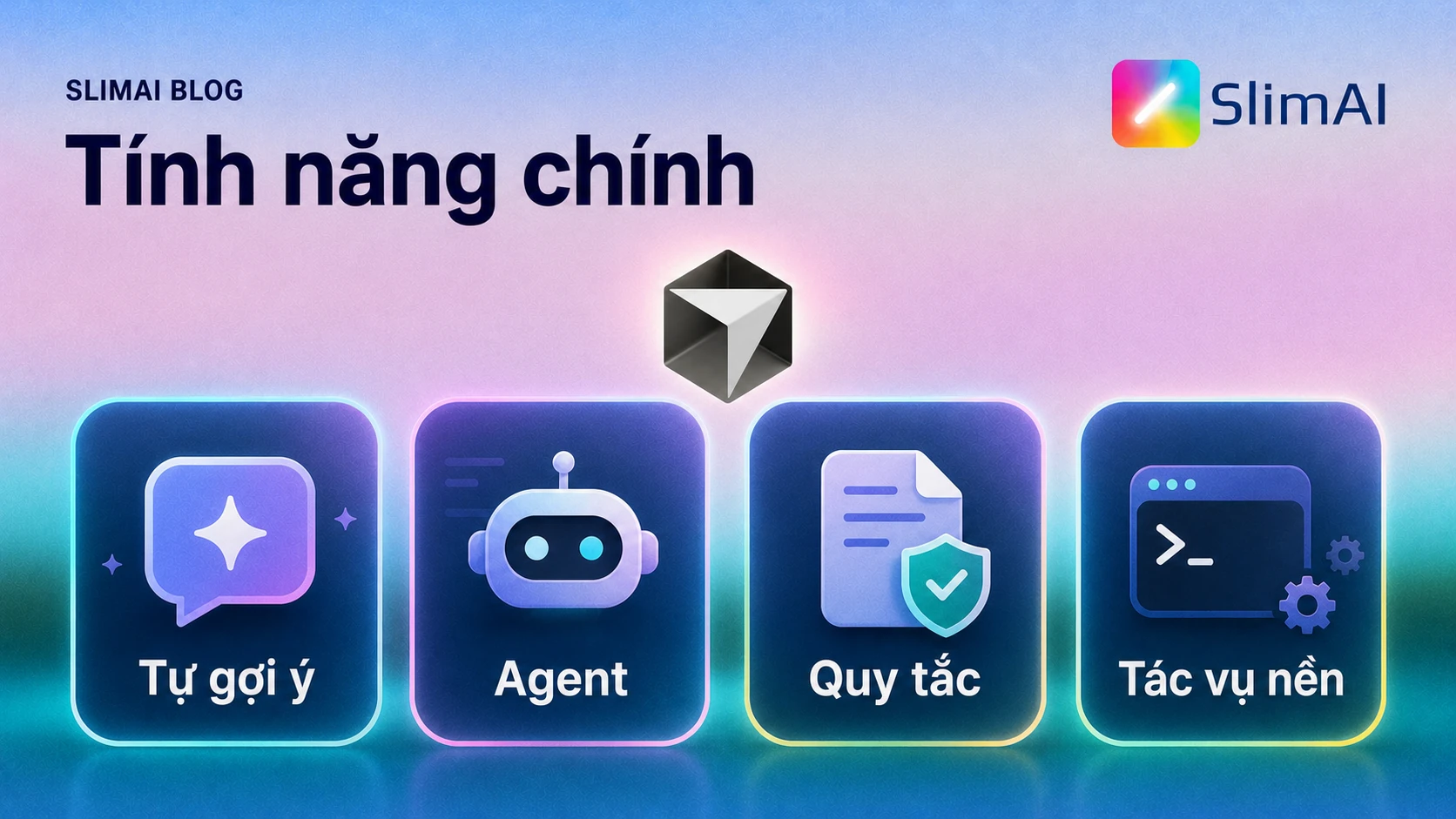 Các tính năng chính của Cursor gồm tự gợi ý, Agent, Quy tắc và tác vụ nền