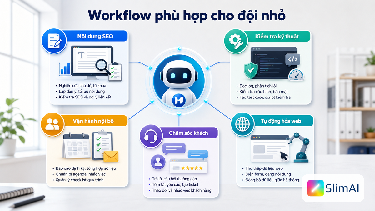 Infographic AI tóm tắt các workflow phù hợp cho đội nhỏ khi dùng Hermes Agent, có logo SlimAI