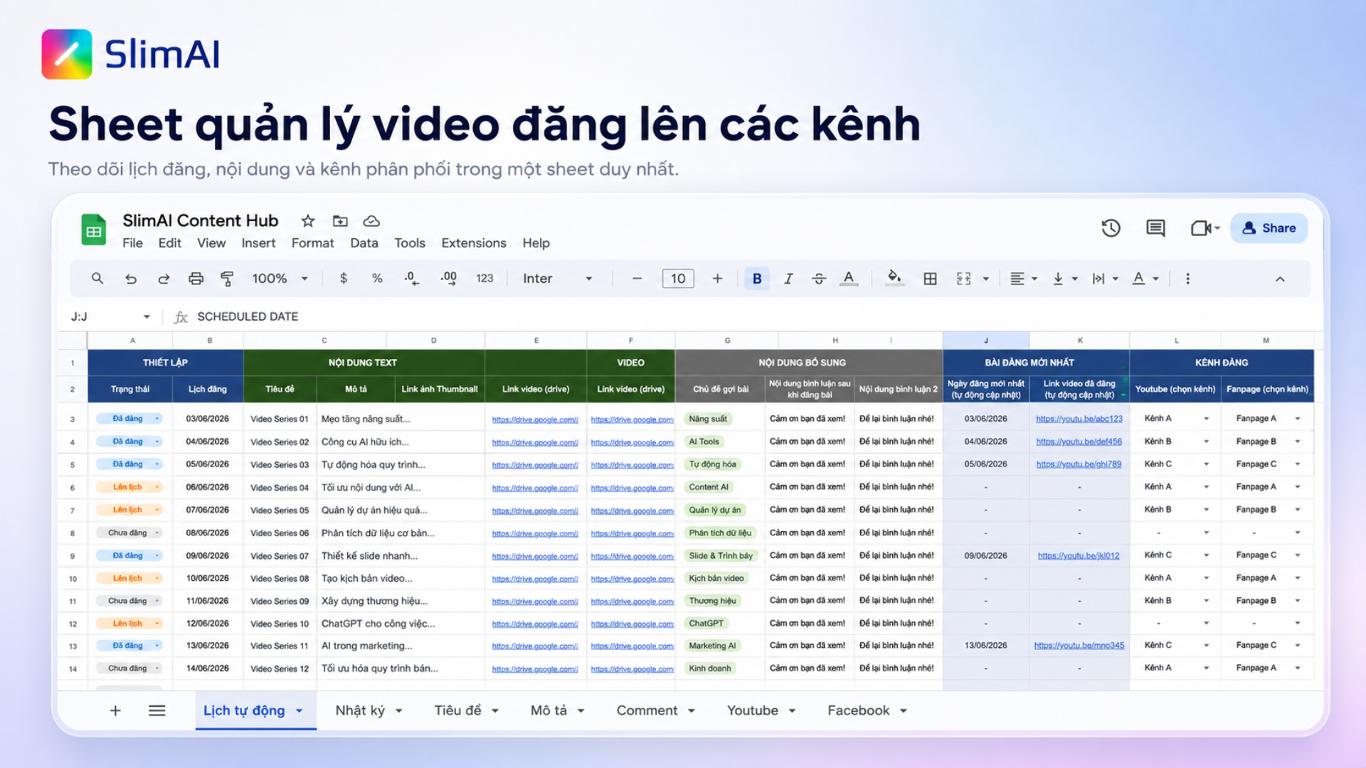 Sheet quản lý các kênh, nội dung