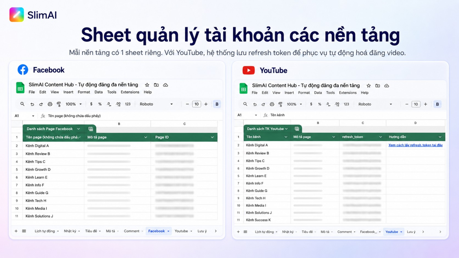 Sheet quản lý kênh