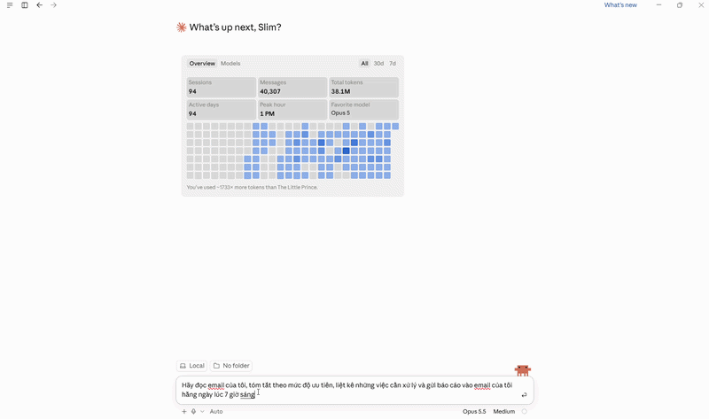 Nhập prompt giao nhiệm vụ đọc email và gửi báo cáo vào ô chat của Claude