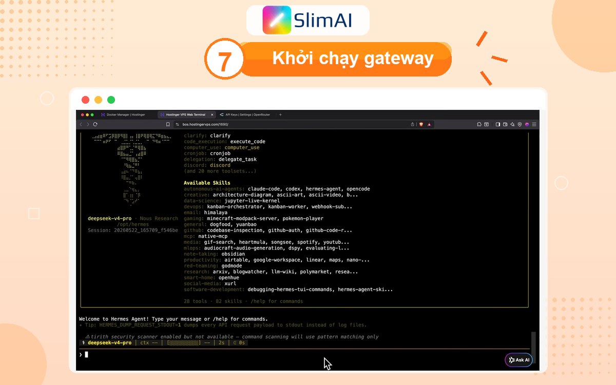 Terminal hiển thị lệnh Hermes gateway trong video