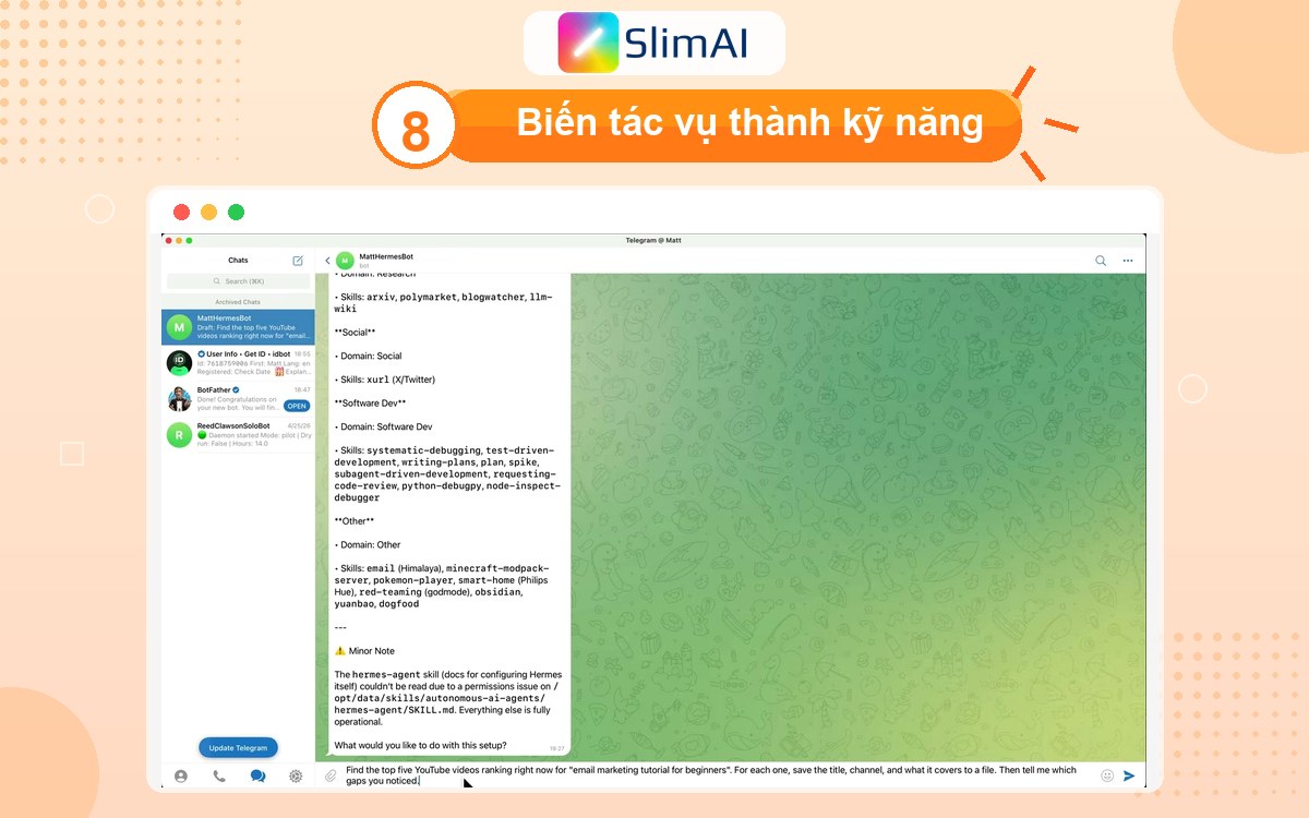 Hermes Agent trả kết quả nghiên cứu YouTube trong Telegram