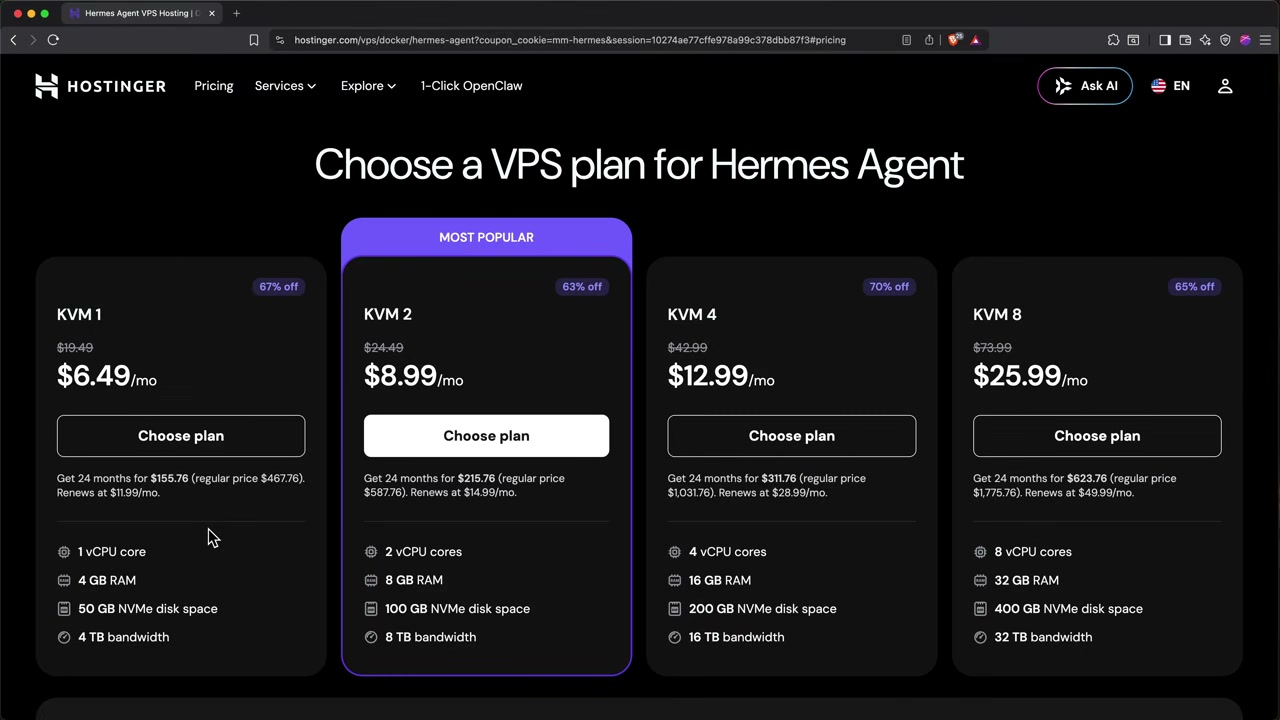Đoạn video chọn gói VPS KVM 2 để chạy Hermes Agent ổn định hơn