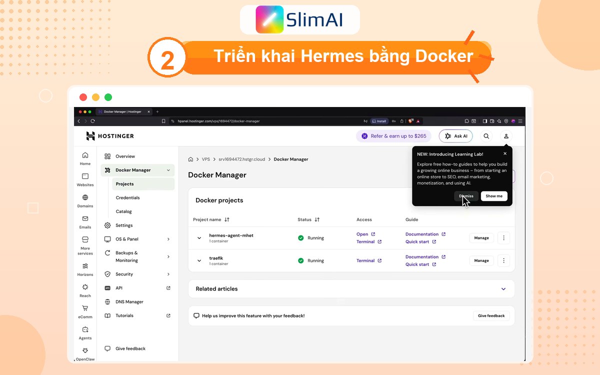 Docker Manager trên Hostinger hiển thị dự án Hermes Agent