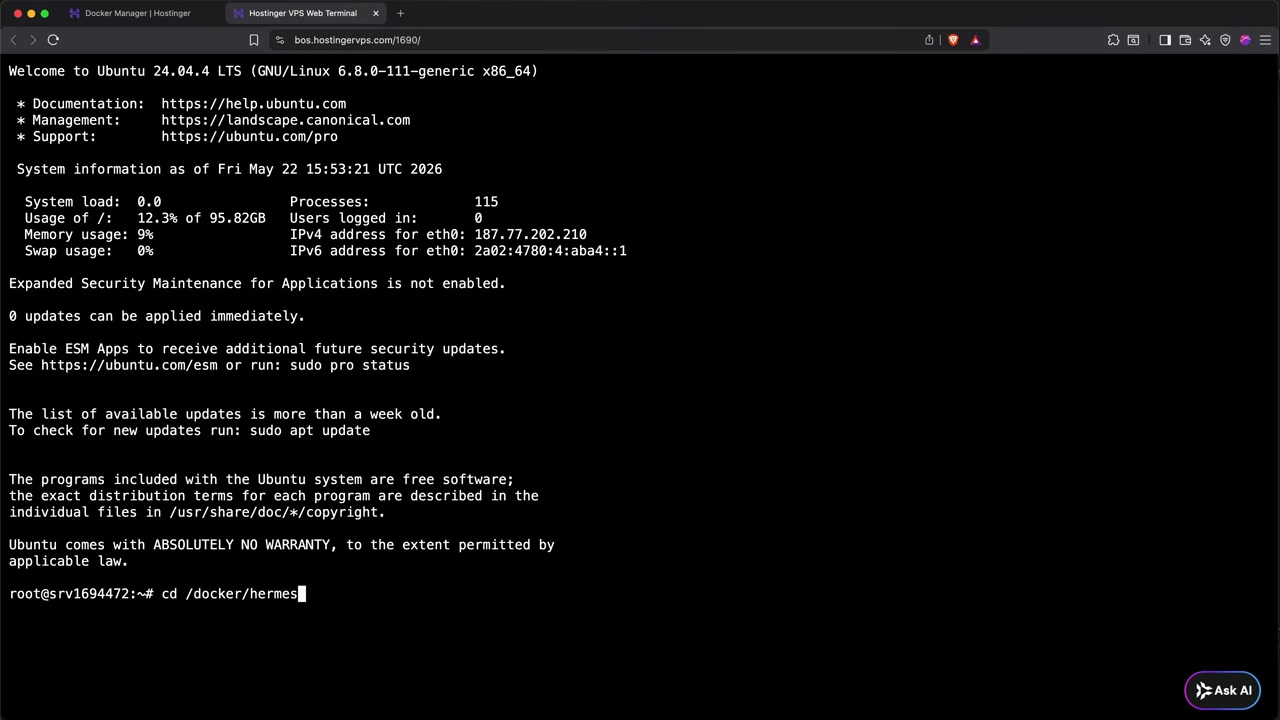 Đoạn video mở terminal và truy cập container Hermes Agent trong Docker