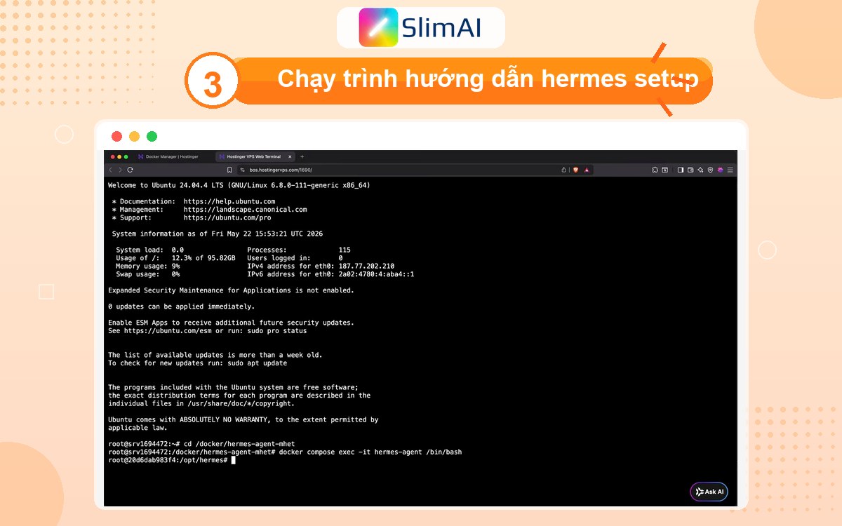 Terminal chạy lệnh hermes setup trong video hướng dẫn